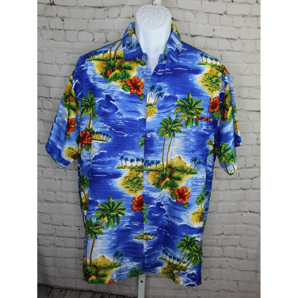 TF Tropical Hawaiian Shirt Aloha Button Up Mens Large Palm Tree Ocean Beach EUC